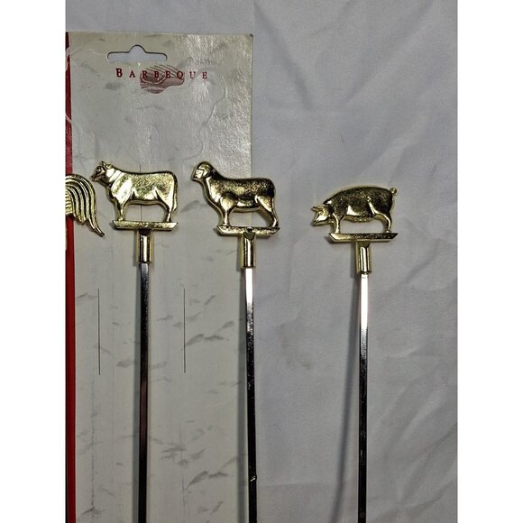 4 VTG MCM Brass Colored Stainless Steel Skewers 11in Pig Chicken Cow Sheep - Picture 3 of 6